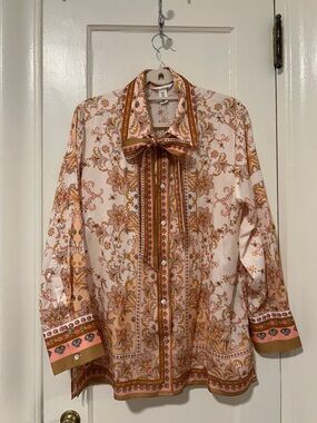 H&M Pink and Orange Paisley Bow-Tie Blouse